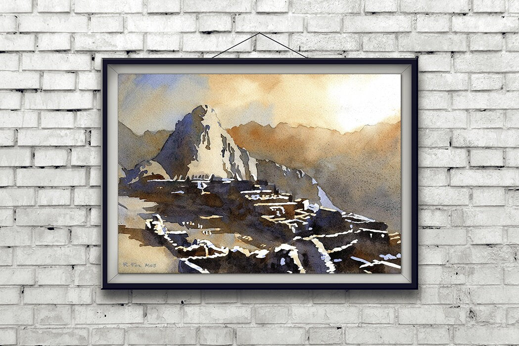 Machu Picchu Incan ruins at sunset- fine art watercolor painting of Peru.  Machu Picchu ruins, Inca Trail, home decor, colorful painting (print)