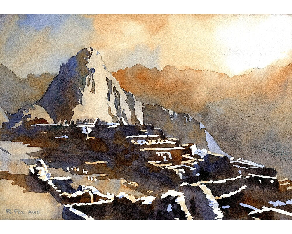 Machu Picchu Incan ruins at sunset- fine art watercolor painting of Peru.  Machu Picchu ruins, Inca Trail, home decor, colorful painting (print)