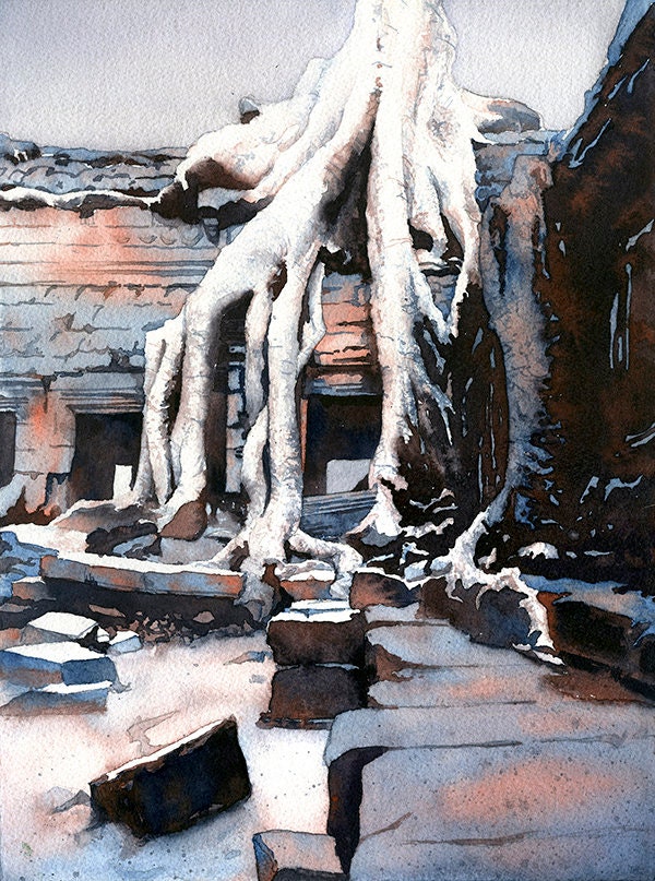 ta prohm watercolor painting ruins