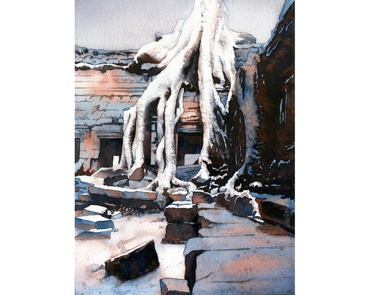 Detailed watercolor painting of Ta Prohm Temple in Siem Reap, Cambodia, with surreal sycamore tree roots enveloping the structure—perfect for interior design lovers.