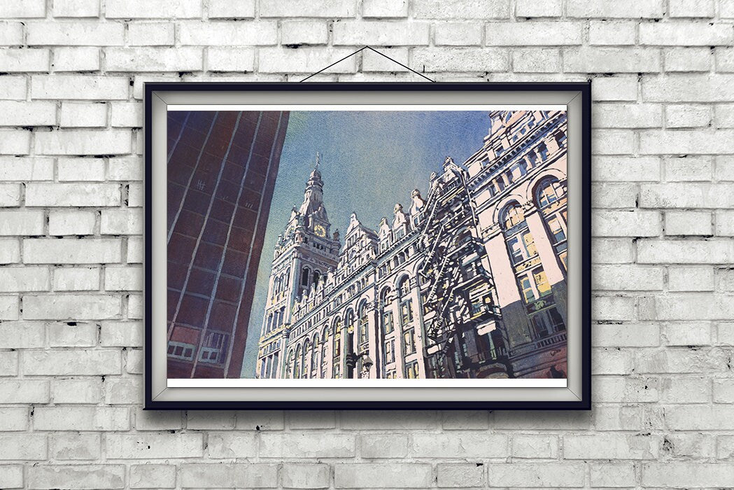 Milwaukee City Hall, WI.  Colorful art Milwaukee skyline painting, fine art print watercolor art Milwaukee fine art (print)