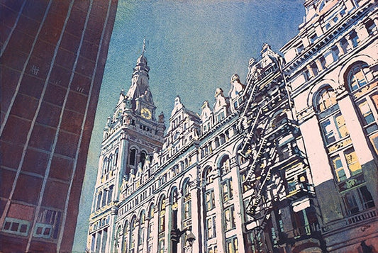 Milwaukee City Hall, WI.  Colorful art Milwaukee skyline painting, fine art print watercolor art Milwaukee fine art (print)