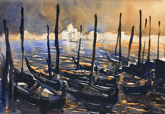 Original Venice painting capturing gondolas gliding under the fiery glow of a Venetian sunset.