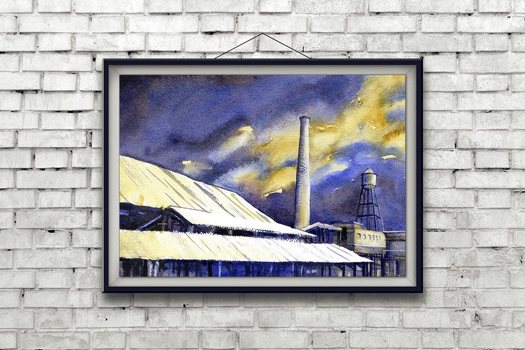 Durham, NC at sunset- watercolor painting of American Tobacco Campus in downtown Durham.  Durham artwork, fine art painting Durham, wall art (print)