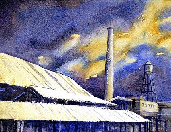 Durham, NC at sunset- watercolor painting of American Tobacco Campus in downtown Durham.  Durham artwork, fine art painting Durham, wall art (print)