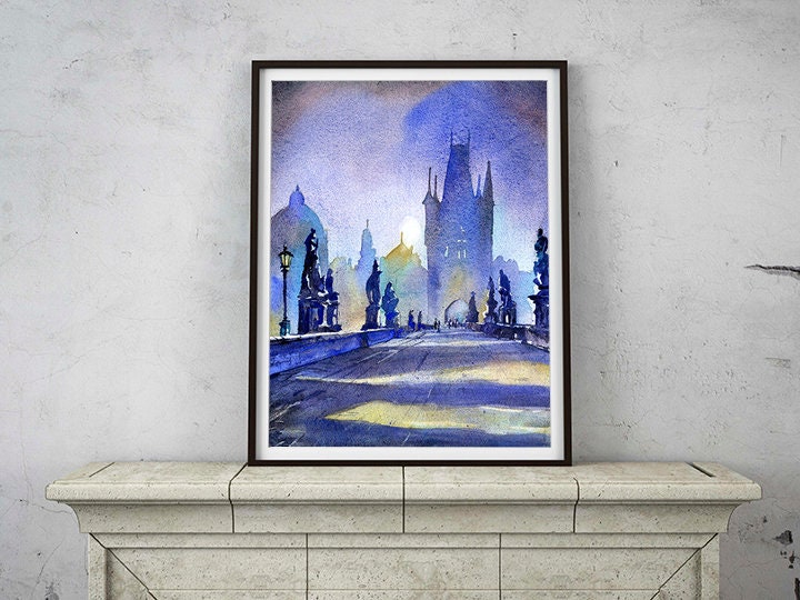 Charles Bridge in medieval city of Prague at sunrise- Czech Republic. Watercolor painting of Prague St. Charles Bridge, home decor, fine art (print)