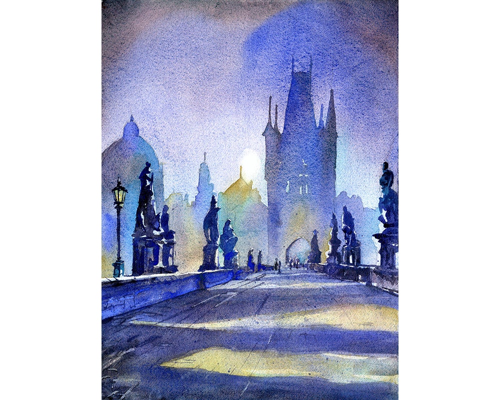 Charles Bridge in medieval city of Prague at sunrise- Czech Republic. Watercolor painting of Prague St. Charles Bridge, home decor, fine art (print)