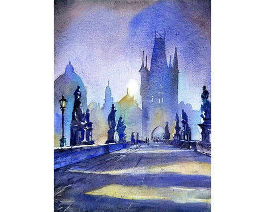 Puente de Carlos en la ciudad medieval de Praga al amanecer - República Checa. Pintura en acuarela del Puente de San Carlos de Praga, decoración del hogar, bellas artes (impresión)