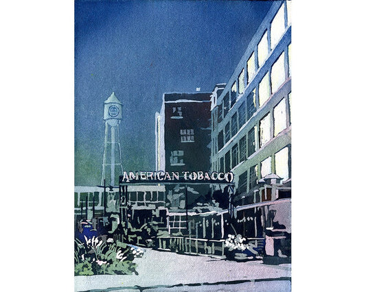 Durham, NC at sunset- watercolor painting of American Tobacco Campus at night. NC fine art print, tobacco mill Durham, home decor art (print)