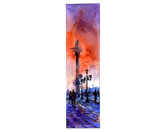 Fine art watercolor of Venice showing the Lion of San Marco monument glowing in morning light.