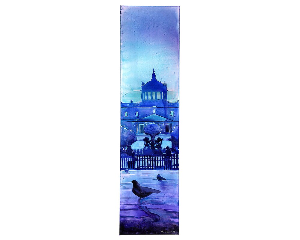 Guadalajara Mexico plaza with pigeons.  Fine art watercolor church artwork Guadalajara Mexico painting (print)