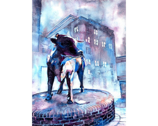 Durham Bull bronze statue in downtown Durham, NC at dusk.  Fine art painting of bull statue in downtown Durham, home decor (print)