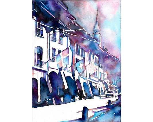 Bern, Switzerland fine art watercolor painting. Street in UNESCO World Heritage city of Bern, sunset Verona art, Italy painting (print)