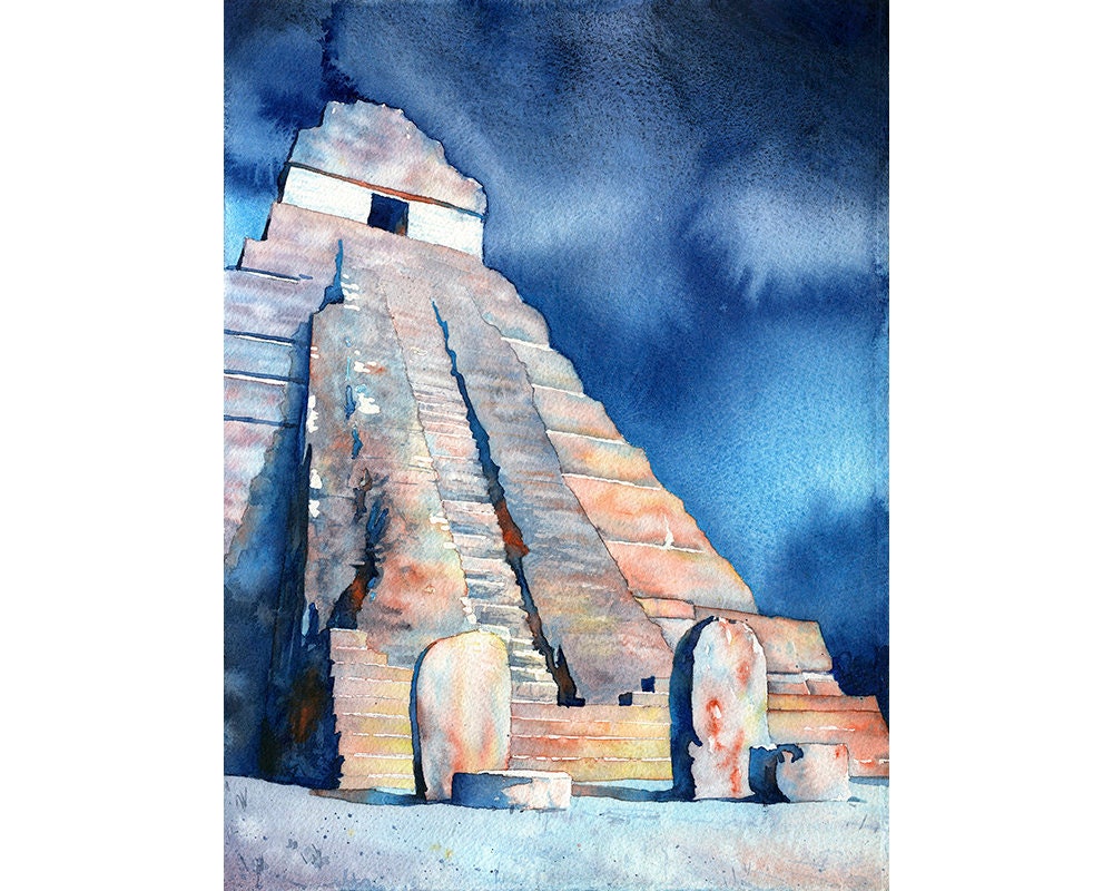 Mayan temple & stelae at UNESCO World Heritage ruins of Tikal- Guatemala, Tikal artwork home decor watercolor blue artwork Tikal art (print)