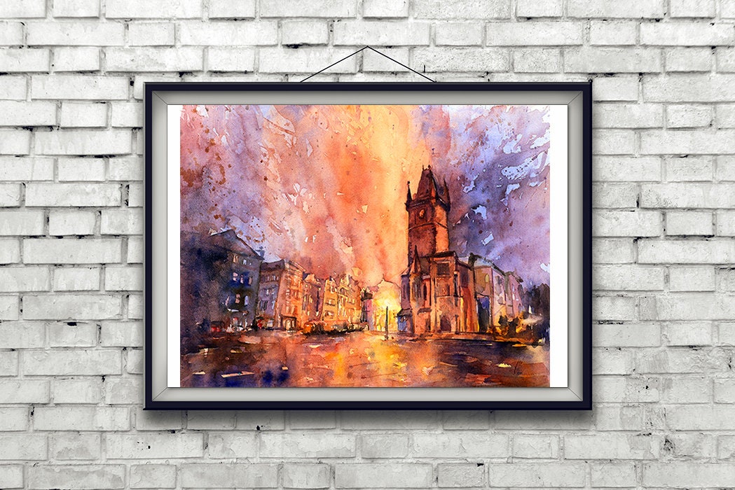 Church in city of Prague at sunset- Czech Republic.  Fine art watercolor painting of church in Prague, home decor Prague (print)