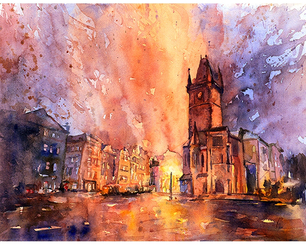 Church in city of Prague at sunset- Czech Republic.  Fine art watercolor painting of church in Prague, home decor Prague (print)