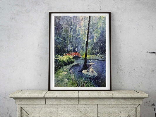 Duke Gardens art print of the red footbridge in watercolor style, an ideal graduation gift or home accent for Duke University students and garden lovers alike.