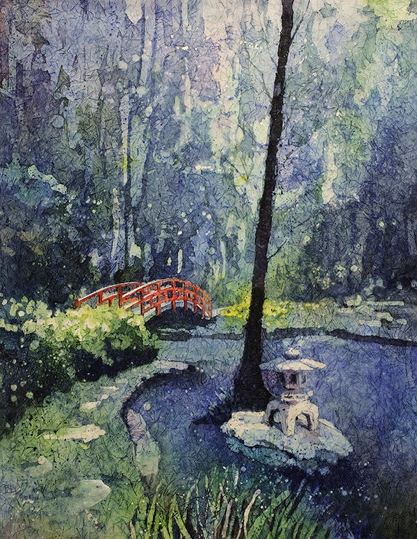 Duke Gardens watercolor painting- fine art batik watercolor on rice paper.  Duke Gardens artwork, Japanese bridge, Duke University (print)