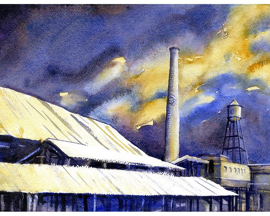 Durham, NC at sunset- watercolor painting of American Tobacco Campus in downtown Durham.  Durham artwork, fine art painting Durham, wall art (print)