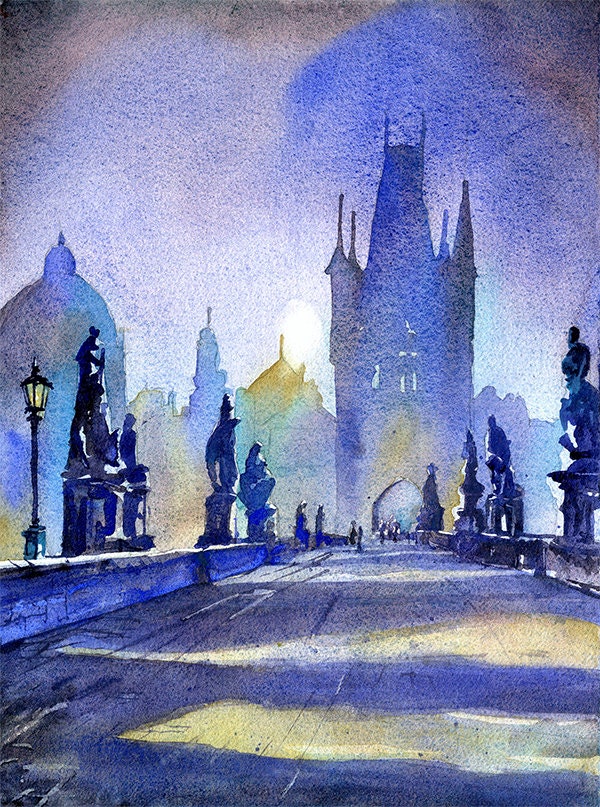 Charles Bridge in medieval city of Prague at sunrise- Czech Republic. Watercolor painting of Prague St. Charles Bridge, home decor, fine art (print)