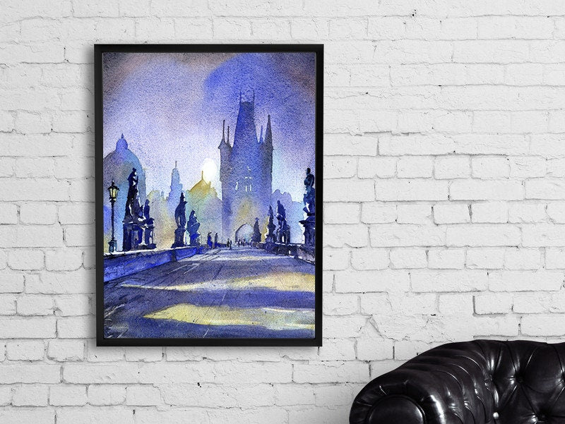 Charles Bridge in medieval city of Prague at sunrise- Czech Republic. Watercolor painting of Prague St. Charles Bridge, home decor, fine art (print)