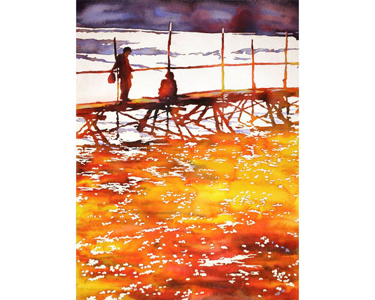 Men on wooden bridge over Mekong River near Luang Prabang, Laos.  Colorful watercolor painting, home decor orange, fine art (print)