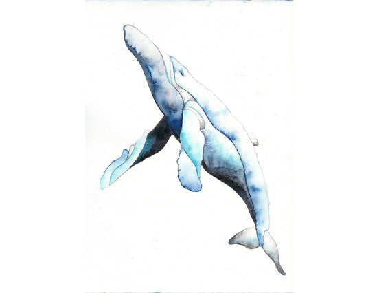 Whale swimming in ocean- fine art watercolor painting of whale, watercolor whale, original watercolor, whale home decor fine art painting