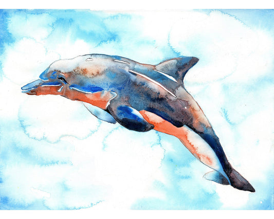 Dolphin swimming in ocean- fine art watercolor painting of dolphin swimming in ocean, dolphin art home decor dolphin artwork blue ocean (print)