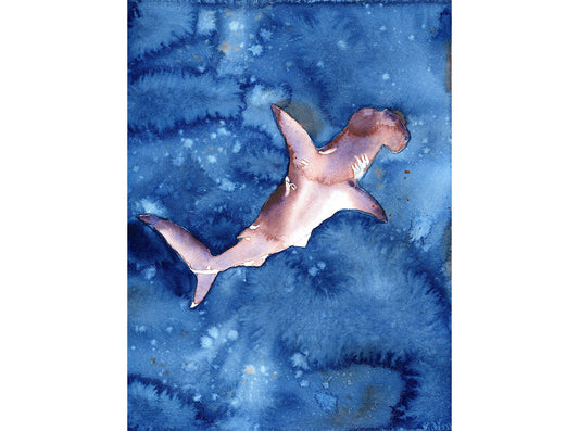 Shark swimming in blue ocean water- fine art watercolor painting of hammerhead shark watercolor giclee fine art print blue decor blue giclee