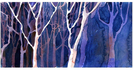 Trees in forest fine art painting.  Tree decor landscape painting of trees forest fine art watercolor landscape tree artwork home decor blue (print)