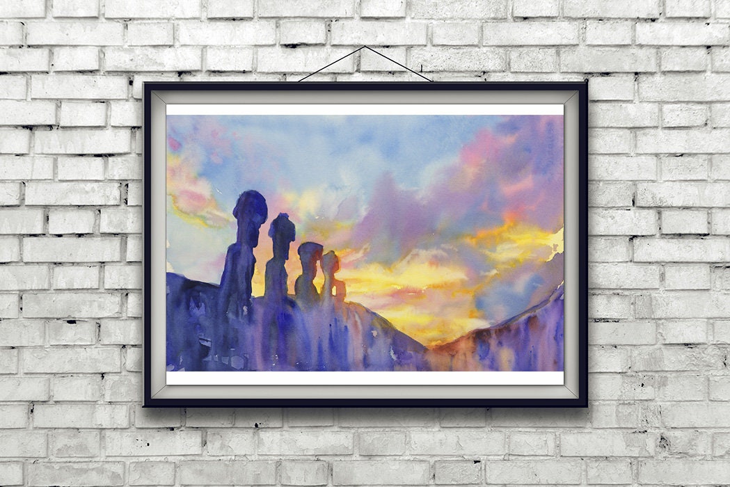 Sunrise on island of Easter Island- Chile. Watercolor Easter Island painting.  Watercolor painting Moai statue Easter Island ruins photo (print)