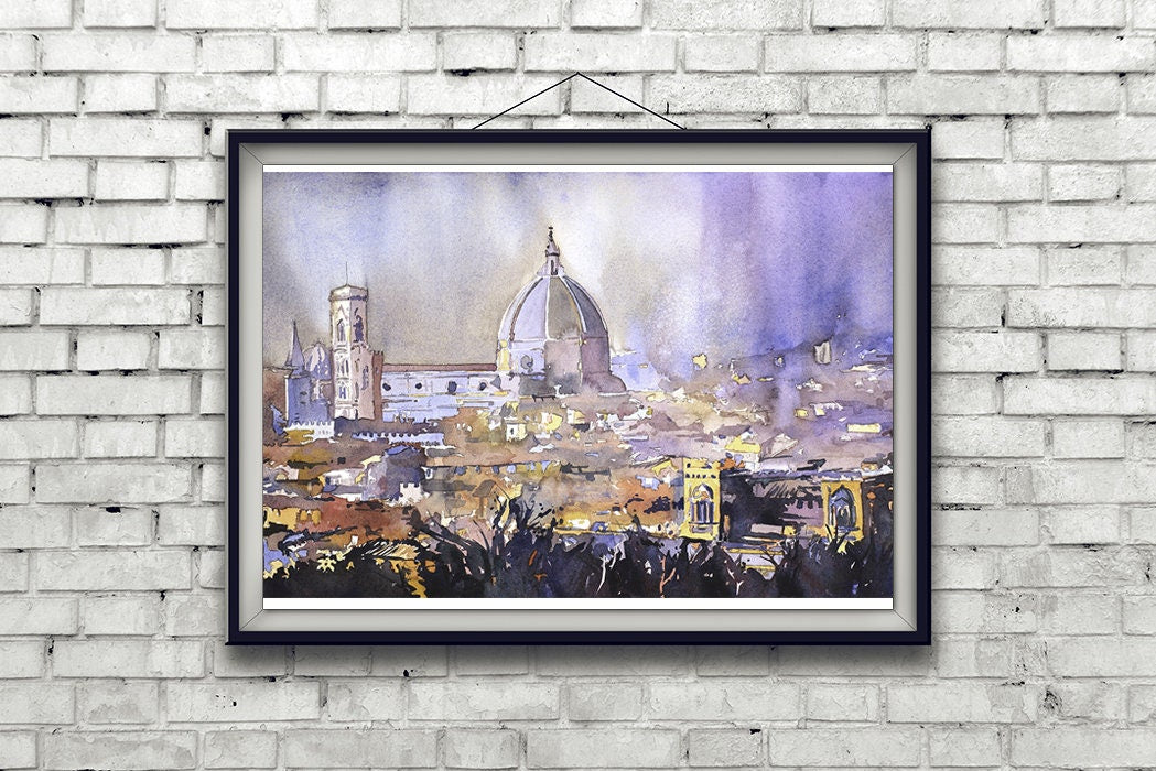Florence Duomo at sunset- fine art watercolor painting.  Florence Italy painting, Florence painting, Duomo art print, home decor Florence (print)