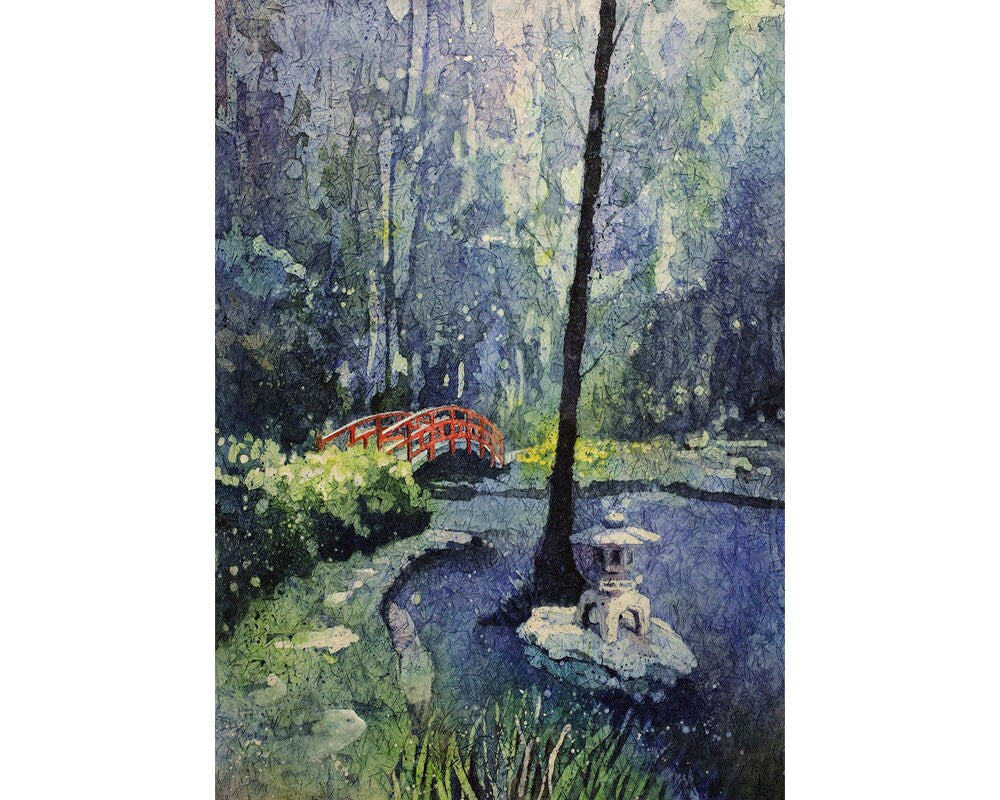 Duke Gardens watercolor painting- fine art batik watercolor on rice paper.  Duke Gardens artwork, Japanese bridge, Duke University (print)