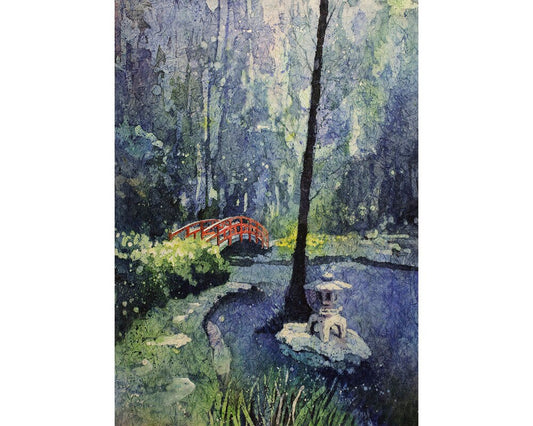 Elegant watercolor artwork of Sarah P. Duke Gardens featuring the iconic red bridge surrounded by blooming plants, a meaningful fine art print for university alumni.