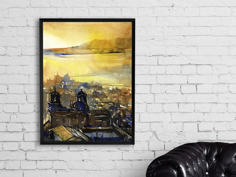 Watercolor painting of Baroque cathedral in Puno, Peru on Lake Titicaca at sunrise.  Landscape painting Peru Lake Titicaca art, home decor