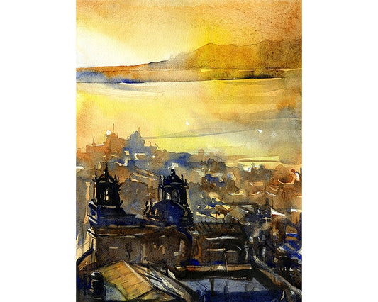Watercolor painting of Baroque cathedral in Puno, Peru on Lake Titicaca at sunrise.  Landscape painting Peru Lake Titicaca art, home decor