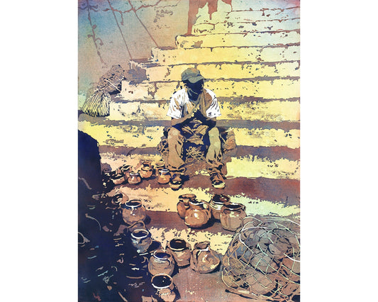 Vendor at Chichicastenango market- Guatemala. Fine art colorful watercolor painting Guatemala art for house print watercolor colorful art