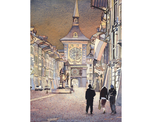 Berna, Suiza pintura de acuarela de bellas artes. Calle en la ciudad de Berna, declarada Patrimonio de la Humanidad por la UNESCO, al atardecer Europa arte Suiza decoración del hogar (impresión)