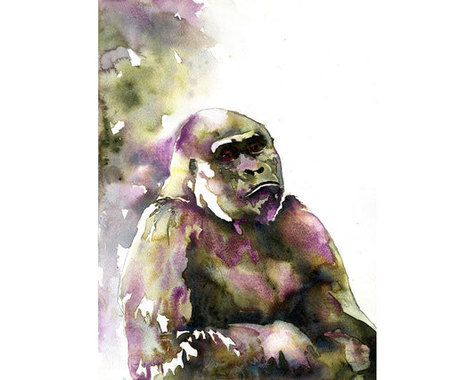 Mountain gorilla watercolor painting.  Painting of mountain gorilla green red artwork watercolor giclee gorilla fine art painting home decor