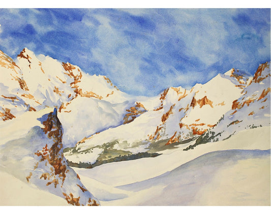 Swiss Alps watercolor painting-  fine art watercolor painting of snow covered Swiss Alps.  Watercolor landscape Switzerland fine art print