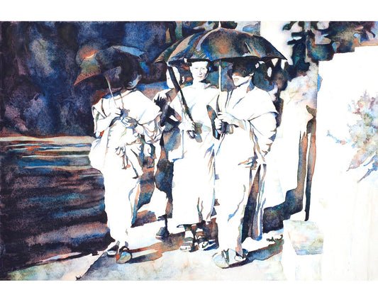 Buddhist monks on street in Luang Prabang, Laos.  Fine art watercolor painting of monks Buddhist art for house watercolor (print)