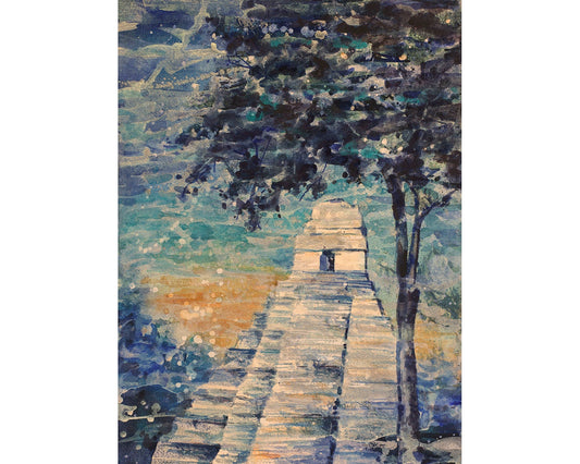 A vibrant watercolor painting of the Mayan ruins at Tikal, Guatemala, featuring ancient stone pyramids rising above lush jungle greenery—perfect as a fine art painting Tikal Guatemala ruins art (print).