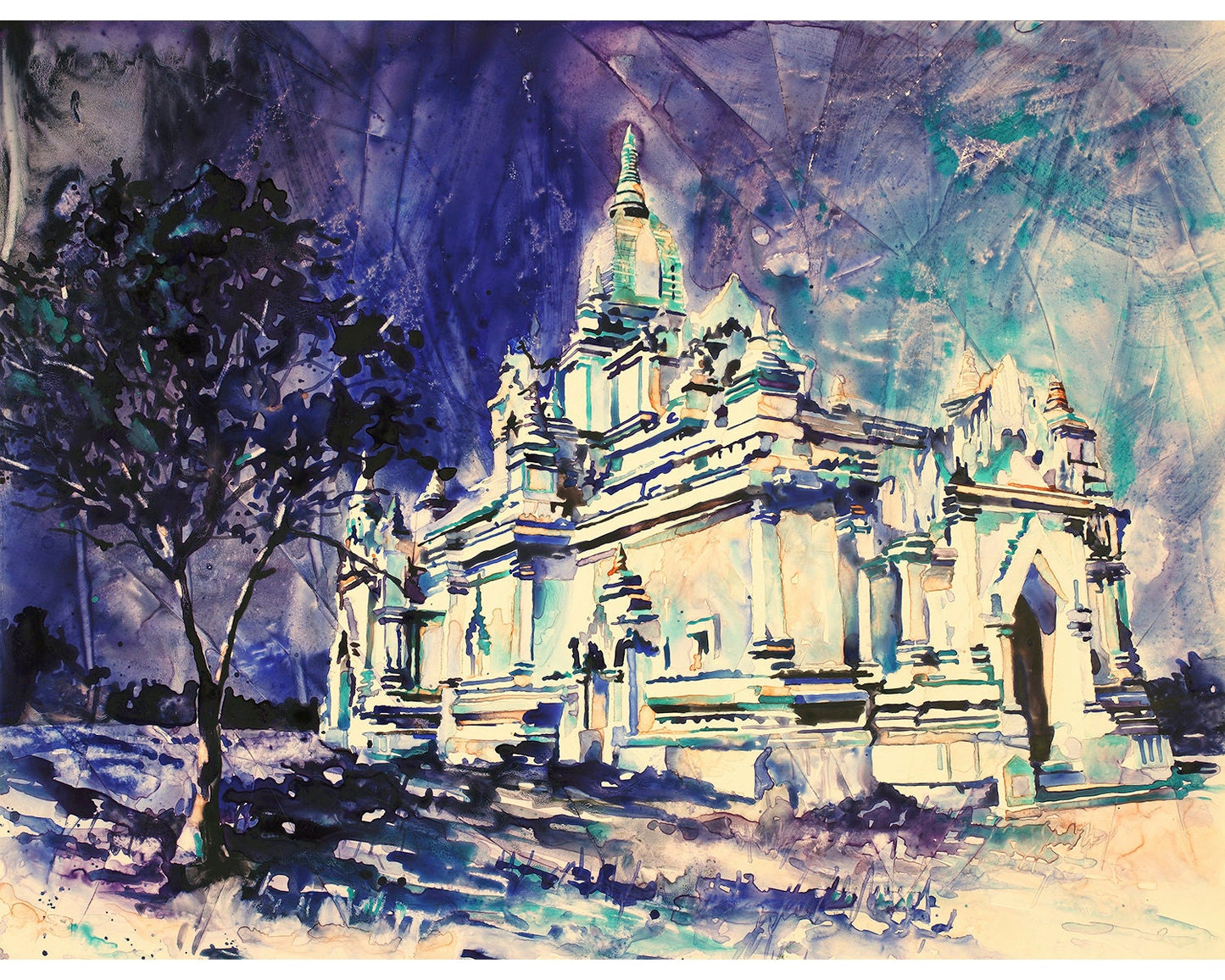 Fine art watercolor painting of ruined pagodas of Bagan (Pagan) in Myanmar (Burma)