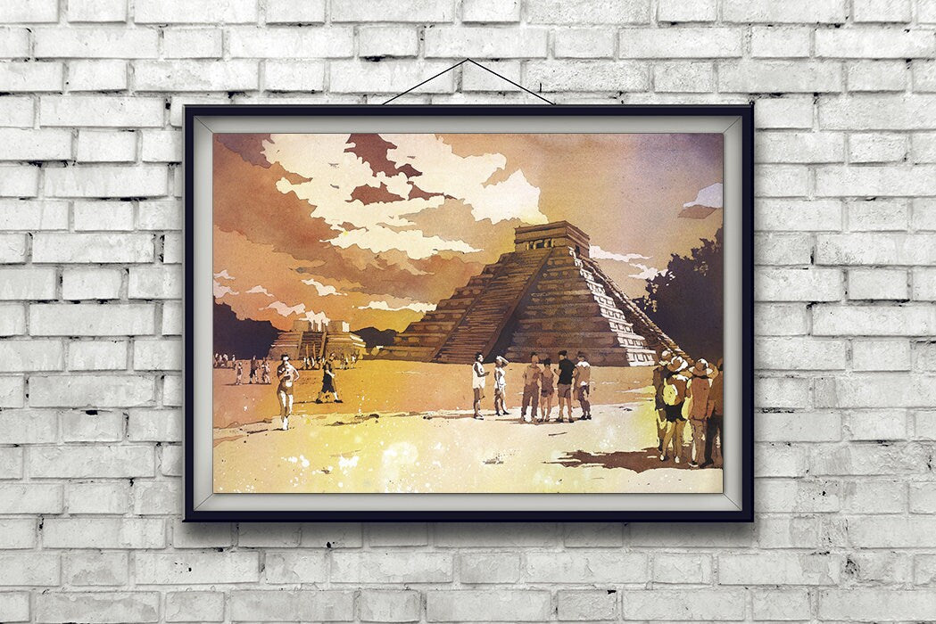 Mayan ruins at Chichen Itza, in the Yucatan Peninsula- Mexico.  Mayan ruins Chichen Itza Mexico artwork home decor watercolor (print)