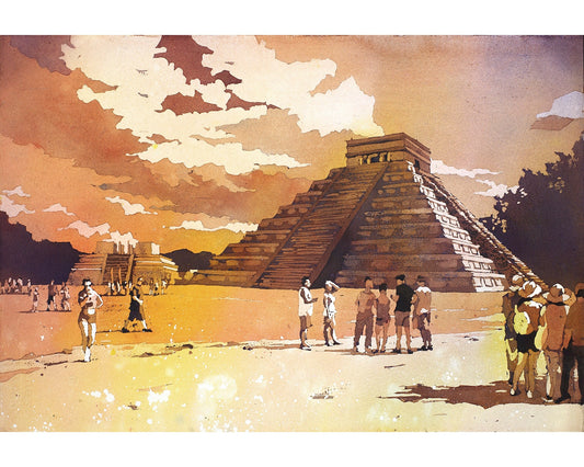 Mexico artwork watercolor print showing El Castillo pyramid at Chichen Itza, perfect as a gift for her or cultural home accent for world heritage art fans.