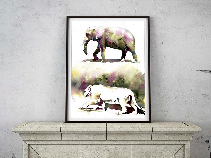 Watercolor painting of elephant and mountain lion.  Animals at zoo, lion art, mountain lion painting, elephant watercolor painting colorful