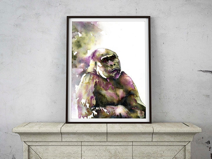 Mountain gorilla watercolor painting.  Painting of mountain gorilla green red artwork watercolor giclee gorilla fine art painting home decor