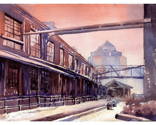 Watercolor painting of skyscraper and builidngs on the American Tobacco Campus in downtown Durham, NC at sunset