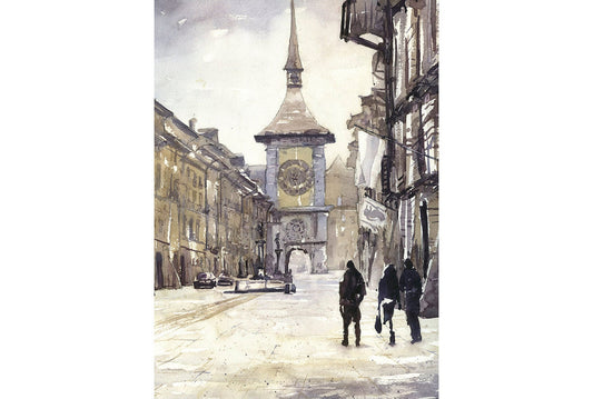 Bern, Switzerland street at dusk fine art painting.  Switzerland fine art print home decor Bern watercolor Bern (print)