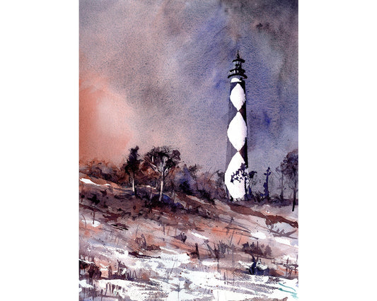 Watercolor painting of Cape Lookout lighthouse at sunset.  Outer Banks lighthouse artwork beach house art fine art watercolor lighthouse art